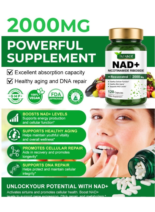 TKTALKER TKTAIKER NAD+ Supplement 2000mg Niacinamide Ribose + Resveratrol 120 Capsules Cellular Revitalizing Anti-Aging Care - Image 2